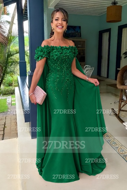 Off-the-Shoulder Pink Flowers Chiffon Mother of the Bride Dress Floor Length Wedding Guest Dress