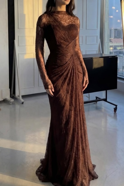 Brown High Neck Lace Prom Dress Long Sleeves Ruched Mermaid Evening Dress