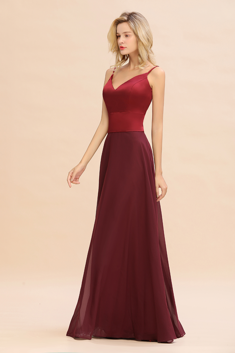 Elegant Spaghetti-Straps Burgundy Long Satin Bridesmaid Dress