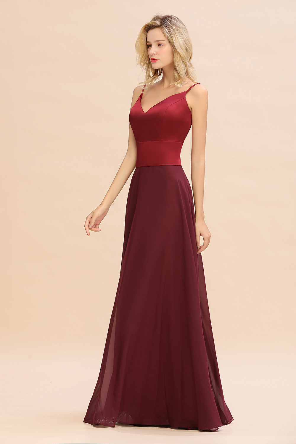 Elegant Spaghetti-Straps Burgundy Long Satin Bridesmaid Dress
