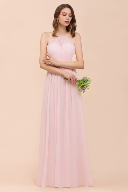 Halter Pink Bridesmaid Dress Simple Chiffon Long Wedding Guest Dress