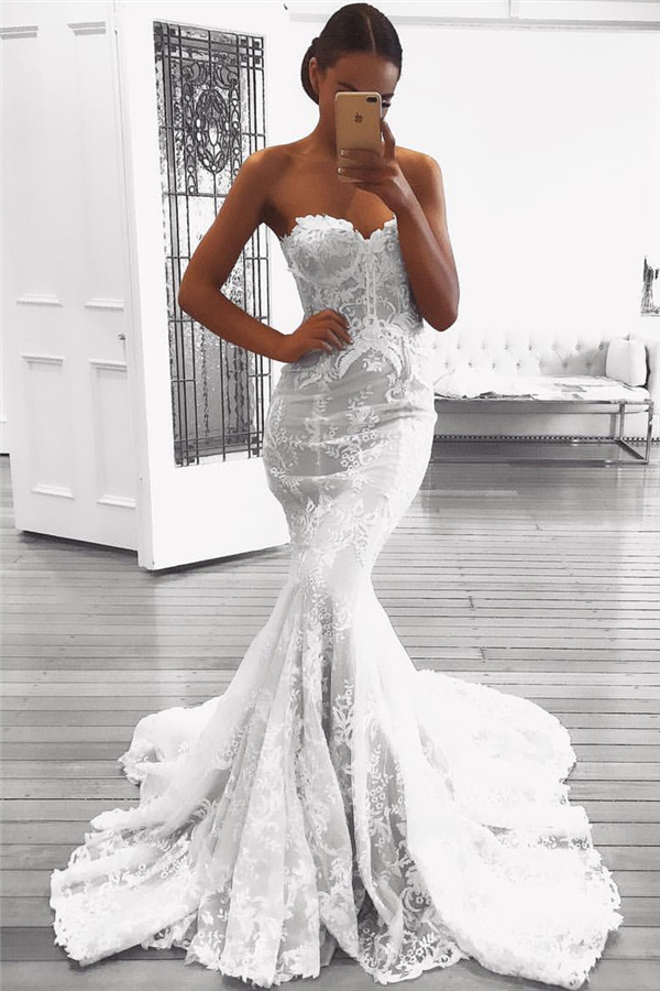 Sexy Mermaid Lace Wedding Dresses UK with Court Train | Strapless Bridal Gowns