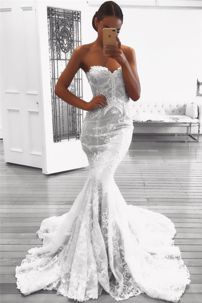 Sexy Mermaid Lace Wedding Dresses UK with Court Train | Strapless Bridal Gowns