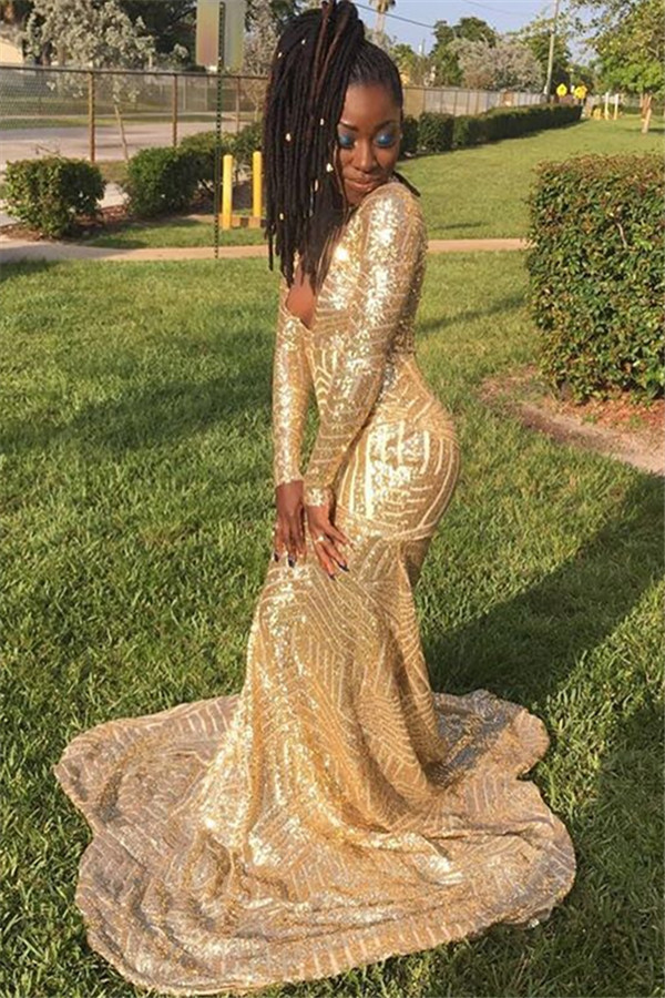 Gold Long-Sleevees Alluring V-Neck Sequins Elegant Mermaid Prom Dress UK UKes UK