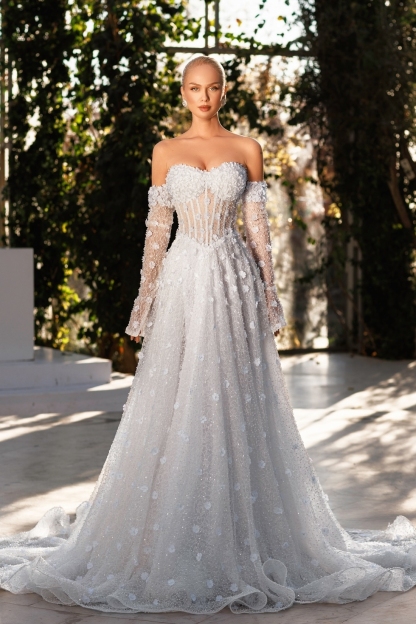 Unique Sweetheart Tulle Appliques Lace Long A-Line Wedding Dresses