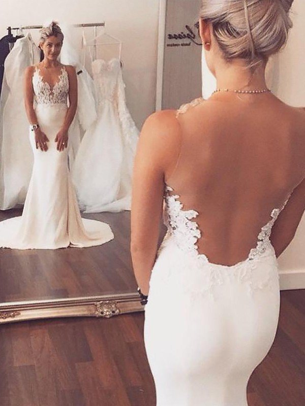 Satin Sexy Mermaid Court Train Applique Sleeveless Scoop Neckline Wedding Dresses UK-27Dress.co.uk