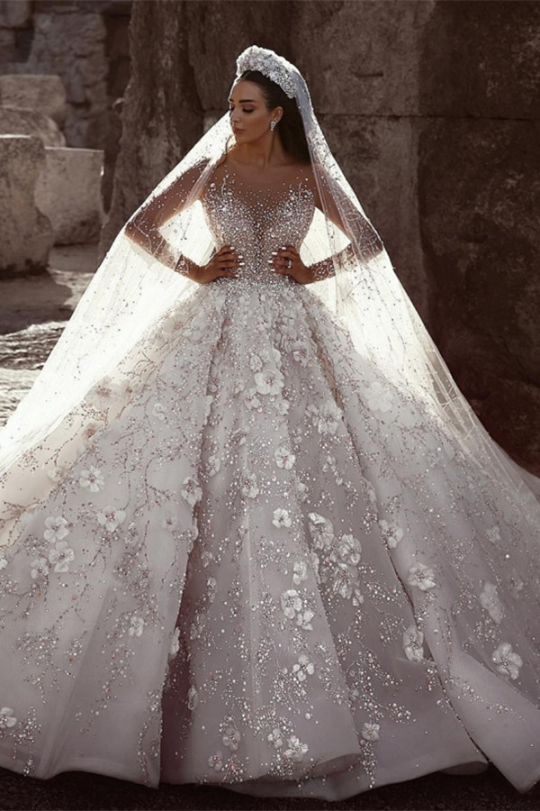 Glamorous Beads Floral Bridal Gowns Sheer Neck Long Sleeves Ball Gown Wedding Dresses UK