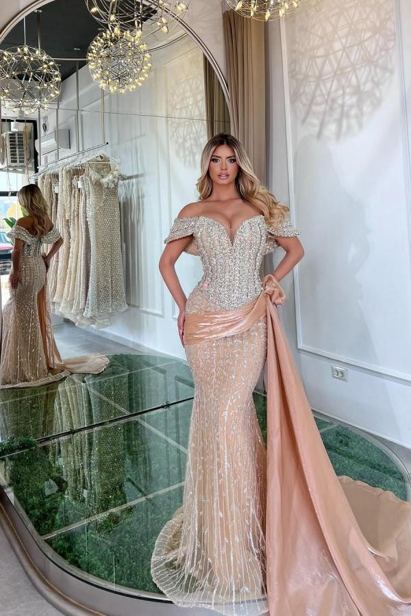 Gorgeous Off-the-shoulder Crystal Ruched Mermaid Prom Dresses