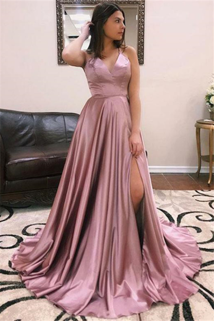 A-line Alluring V-Neck without Sleeve Front Slit Long Prom Dress UK UKes UK