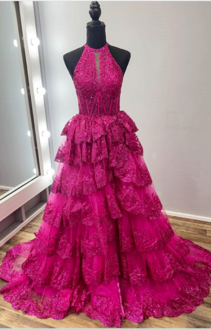 Unique Halter Tulle A-Line Sequins Prom Dresses Split Front