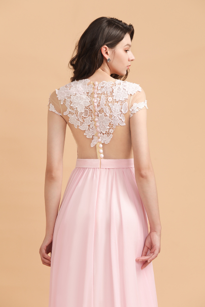 Chic Jewel Pink Chiffon Long Bridesmaid Dress Floral Lace A-line Wedding Party Dress with Side Slit