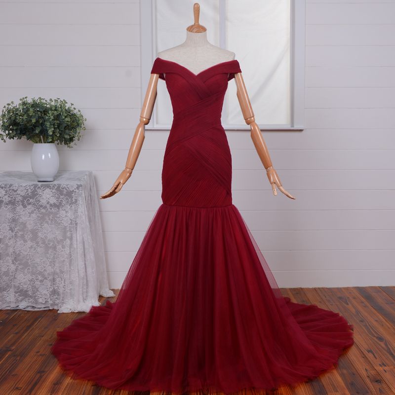 Gorgeous Off-the-Shoulder Mermaid Evening Dress UKes UK Tulle Burgundy BA4225-27Dress.co.uk
