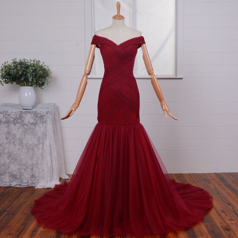 Gorgeous Off-the-Shoulder Mermaid Evening Dress UKes UK Tulle Burgundy BA4225-27Dress.co.uk