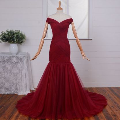 Gorgeous Off-the-Shoulder Mermaid Evening Dress UKes UK Tulle Burgundy BA4225-27Dress.co.uk