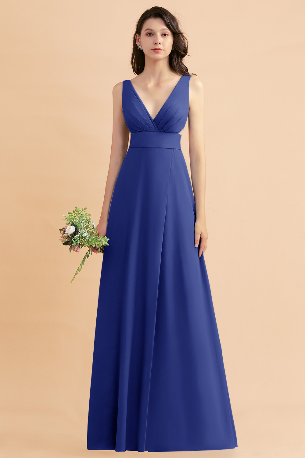 Dusty Blue Chiffon Bridesmaid Dress with Side Slit Long Wedding Guest Dress