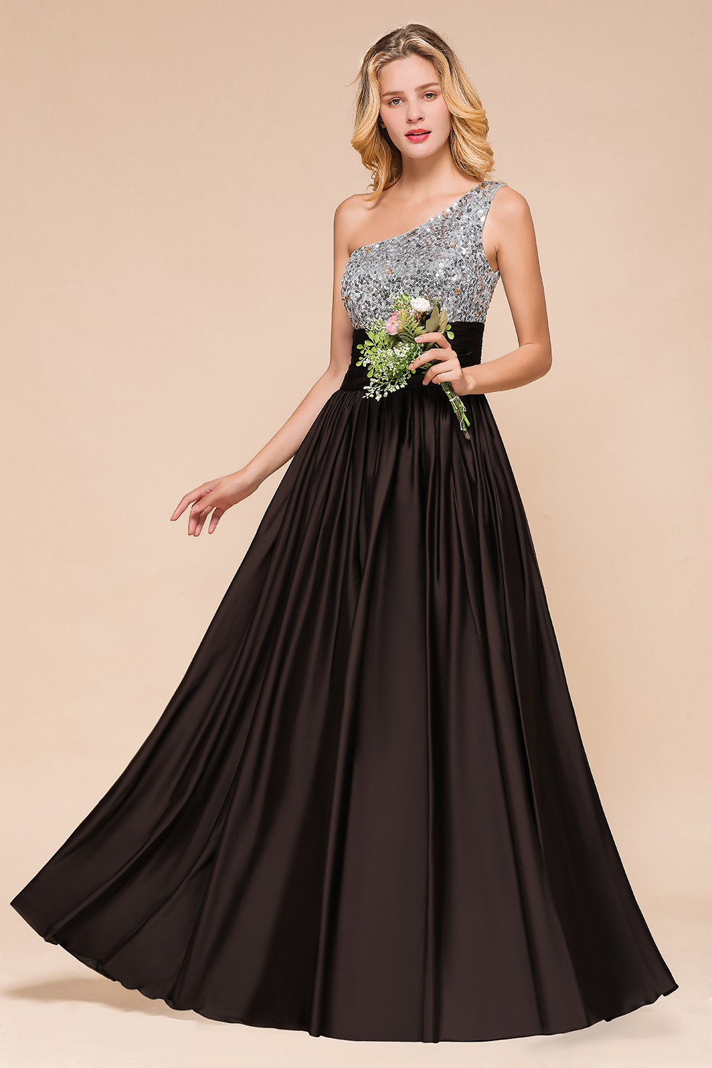 One Shoulder Glitter Seqions Long Bridesmaid Dress