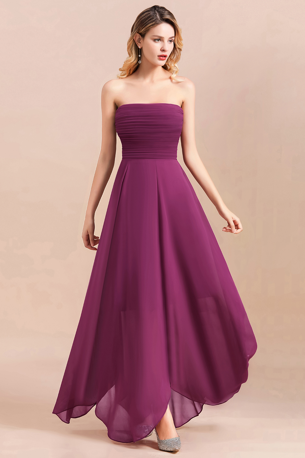 Strapless Orchid Ruched Chiffon Bridesmaid Dress Backless Ankle Length Wedding Party Dress