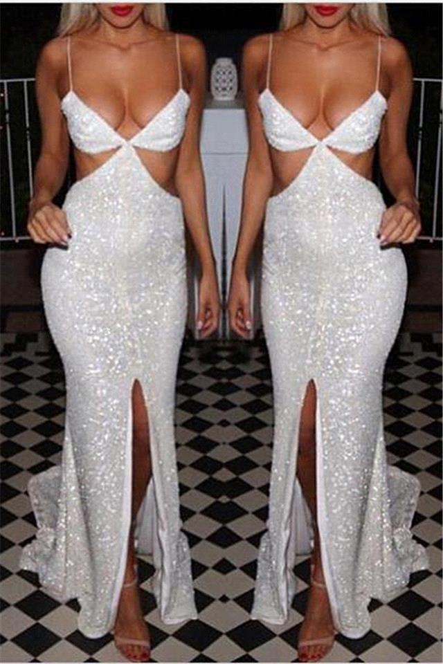 Elegant Sequins White Prom Dress UKes UK Front Split Floor Length