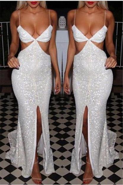 Elegant Sequins White Prom Dress UKes UK Front Split Floor Length