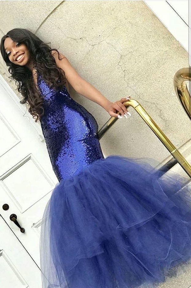 Elegant Navy Blue Elegant Trumpt Sequins Prom Dress UKes UK UK | Sexy Tulle Sleeveless V-Neck Evening Dress UKes UK