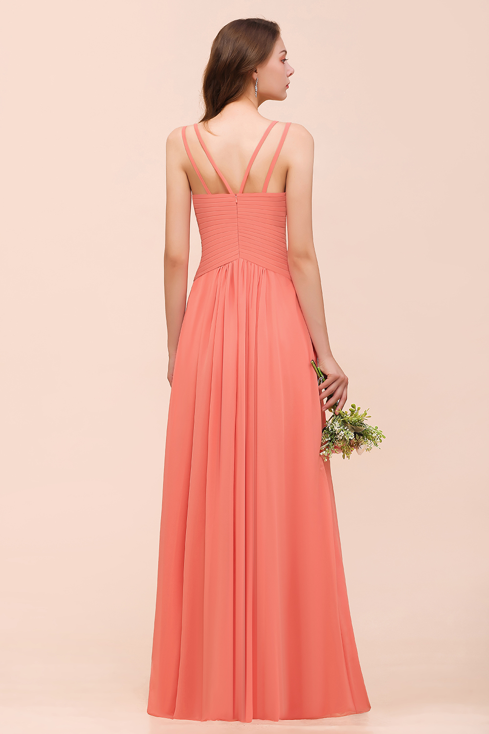 Elegant Coral A-line Side Split Bridesmaid Dress Sleeveless Long Chiffon Wedding Guest Dress