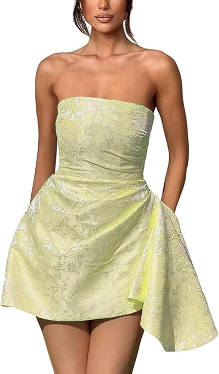 Strapless Ruched Satin Short Party Dress Sleeveless Knee Length Jacquard Homecoming Dress with Pocket