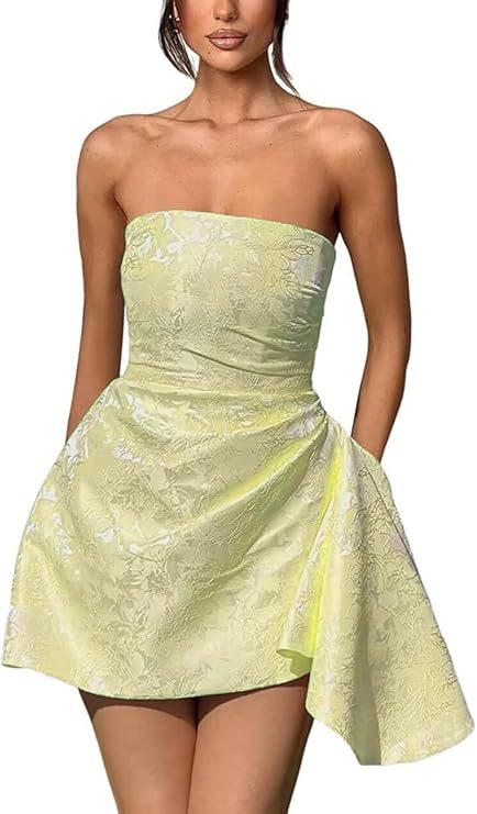 Strapless Ruched Satin Short Party Dress Sleeveless Knee Length Jacquard Homecoming Dress with Pocket