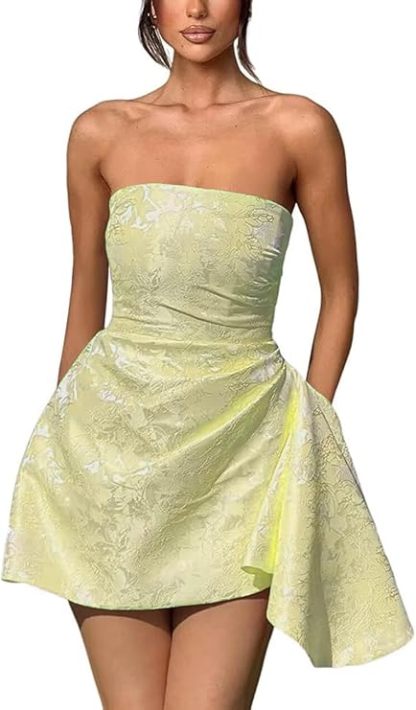 Strapless Ruched Satin Short Party Dress Sleeveless Knee Length Jacquard Homecoming Dress with Pocket