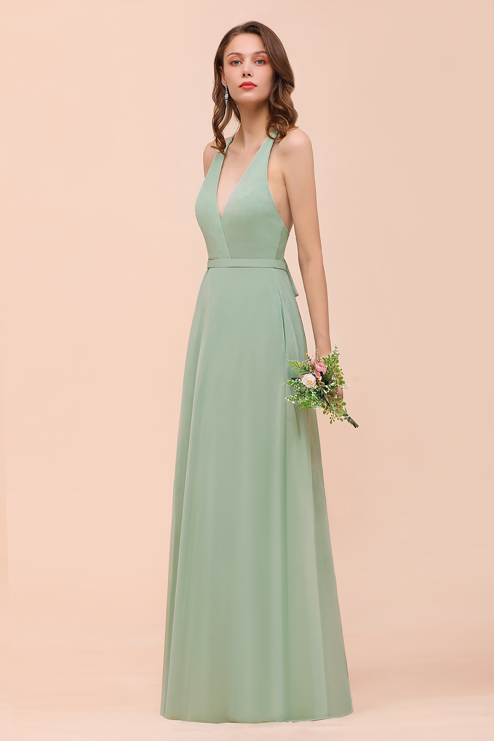 Dusty Sage V-Neck Bridesmaid Dress Glamorous Chiffon Long Wedding Guest Dress with Straps