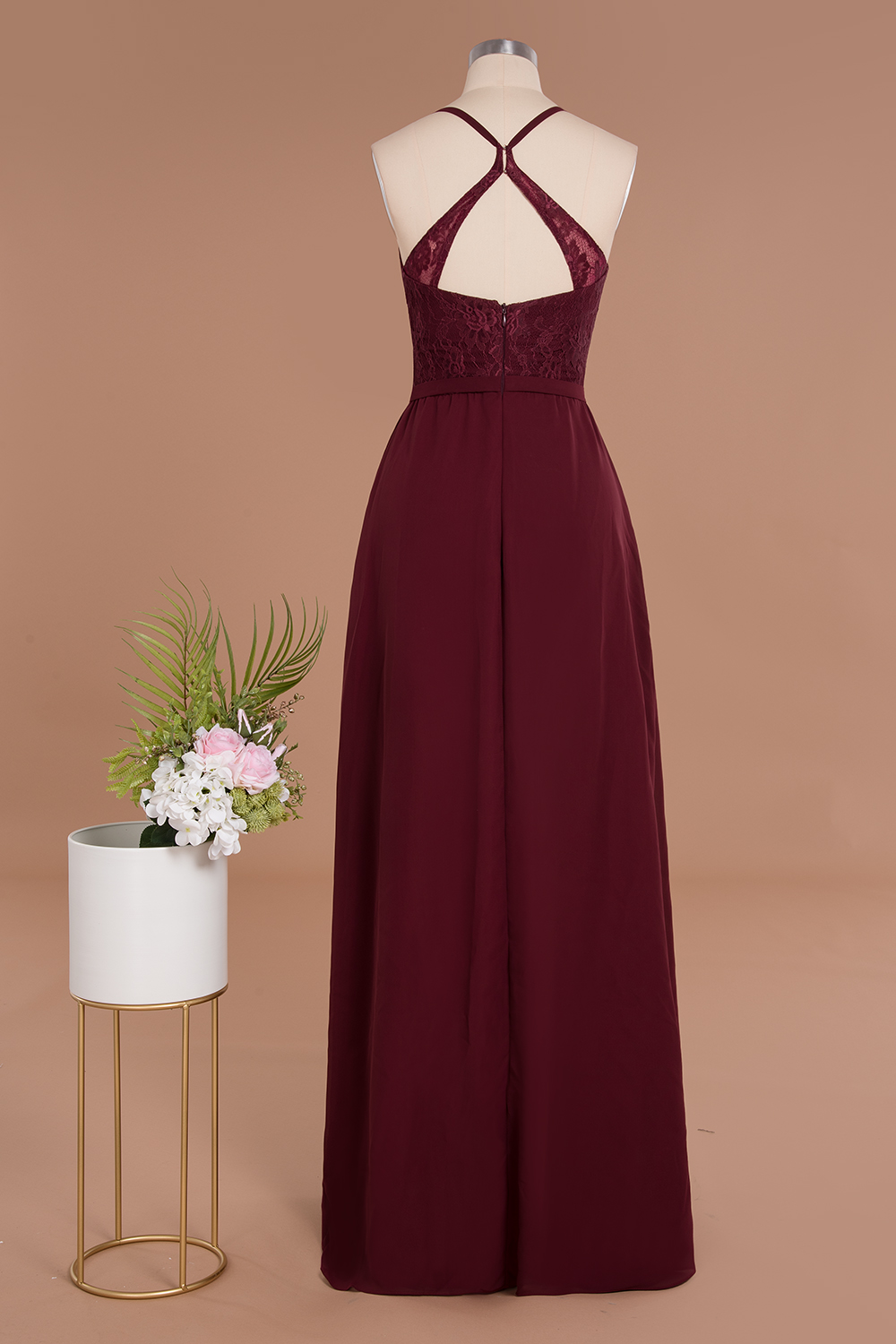 Exquisite Burgindy V-Neck Lace Side Split Long Bridesmaid Dresses