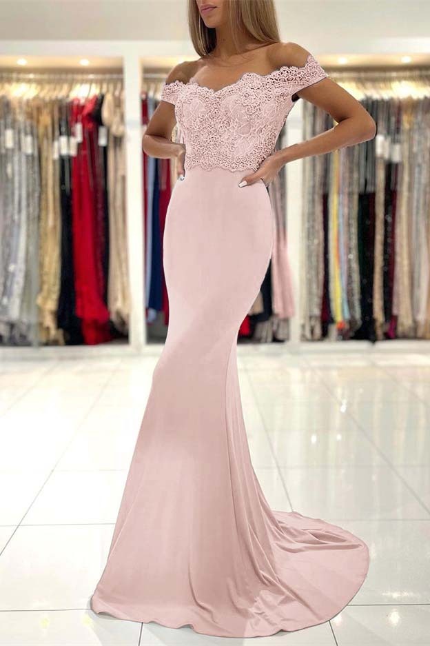 Mermaid Off the Shoulder Sleeveless Prom Dress Long With Lace Appliques