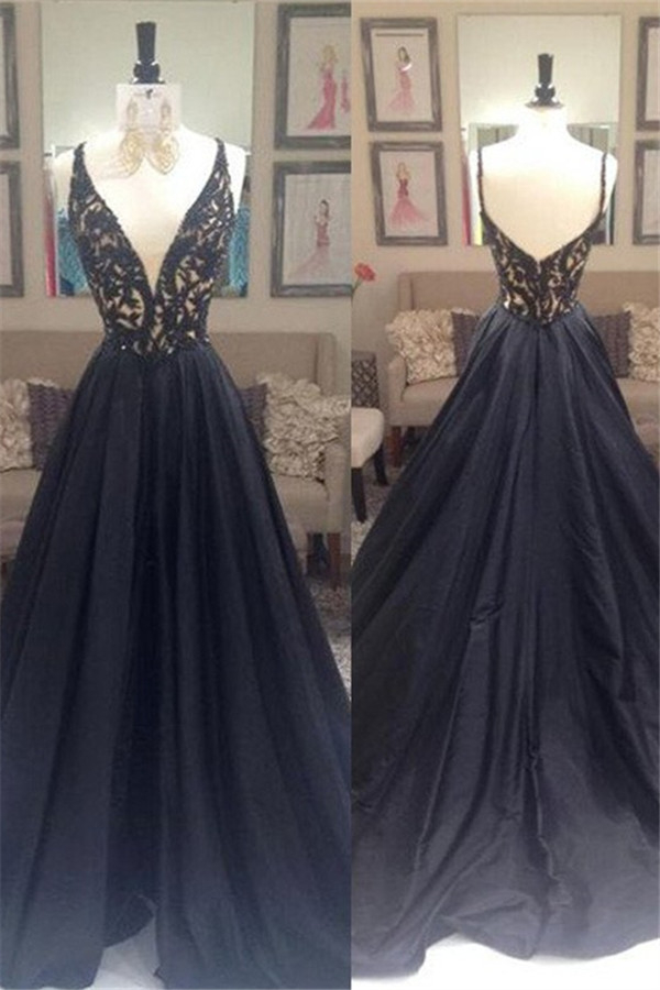 Black Lace Elegant V-Neck Sleeveless Prom Dress UKes UK Open Back Evening Dress UKes UK with Beads
