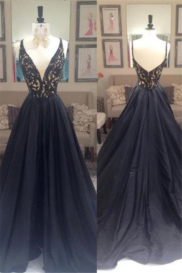 Black Lace Elegant V-Neck Sleeveless Prom Dress UKes UK Open Back Evening Dress UKes UK with Beads