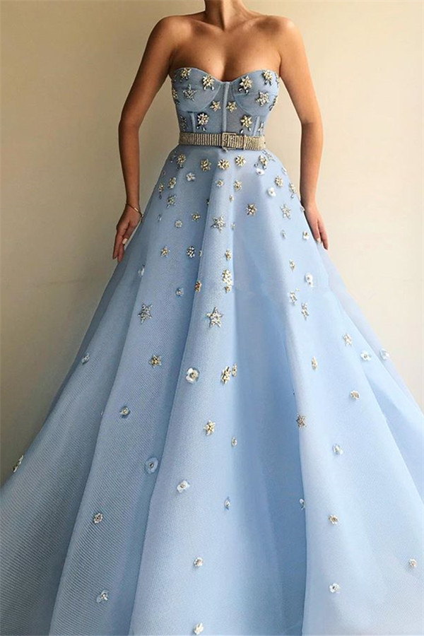 Sexy Strapless Beaded Flowers Prom Dress | Blue Tulle Long Evening Dress UK with Beadning Sash