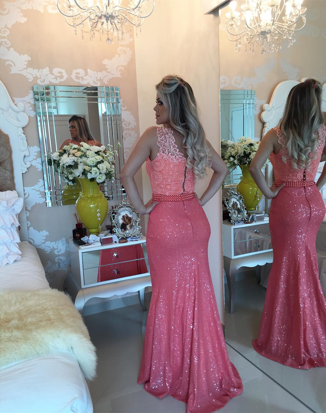 Timeless Sleeveless Lace Pearls Prom Dress UKes UK Mermaid Long Zipper Back BT0