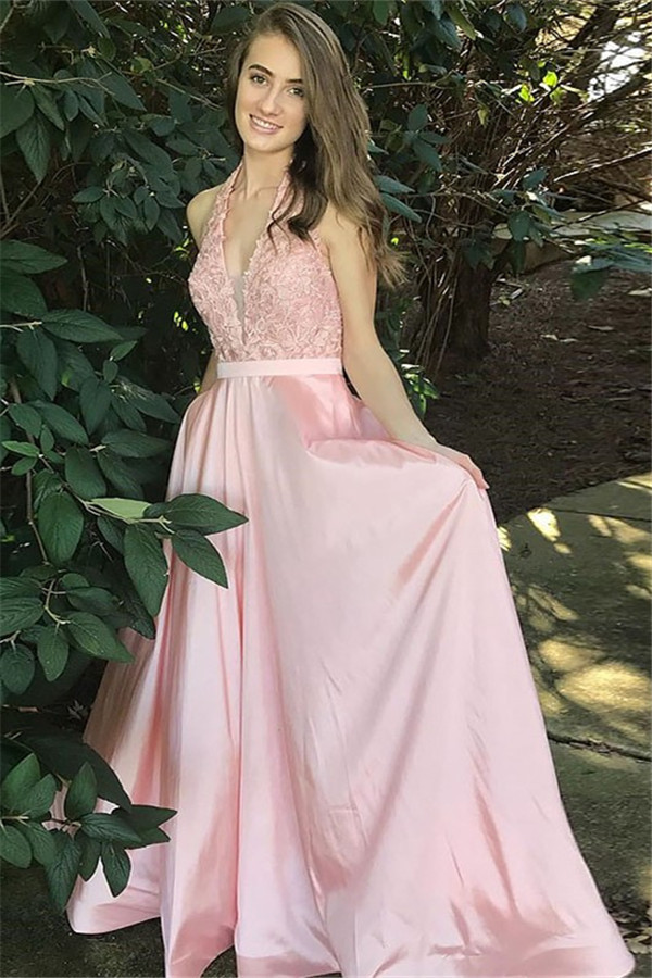 Sexy Pink Lace Halter Prom Dress UKes UKSleeveless Sexy Evening Dress UKes UK with Sash
