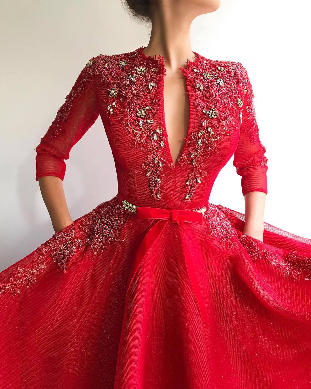 Sparkly Sequins Tulle V-Neck Red Evening Dress UK | Sexy Appliques Long Prom Dress Cheap