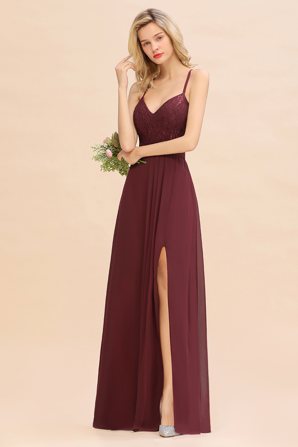 Exquisite Burgindy V-Neck Lace Side Split Long Bridesmaid Dresses