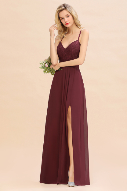 Exquisite Burgindy V-Neck Lace Side Split Long Bridesmaid Dresses