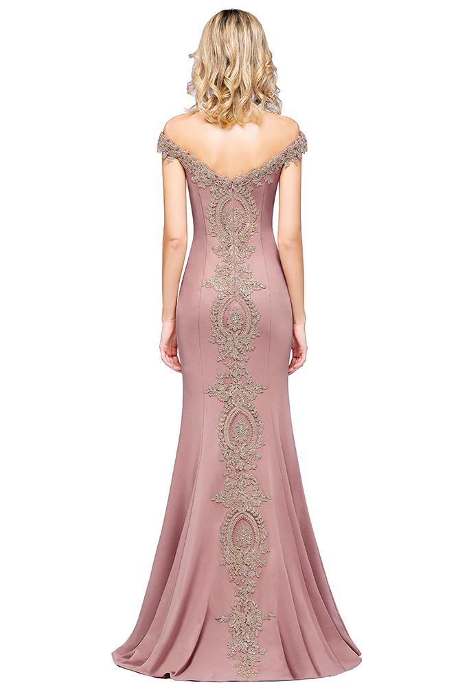 Off-the-Shoulder Mermaid Evening Dress Gold Appliques Long Prom Dress