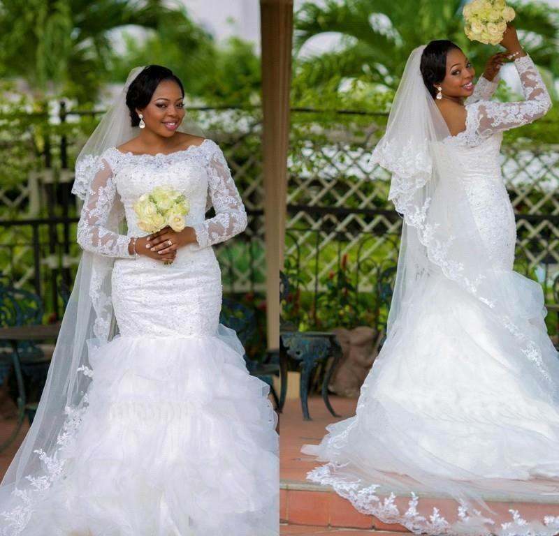 Gorgeous Long Sleeve Plus Size Wedding Dress Sexy Mermaid Lace Appliques With Beads-27Dress.co.uk