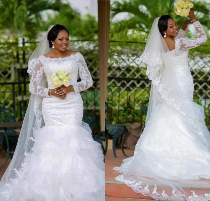Gorgeous Long Sleeve Plus Size Wedding Dress Sexy Mermaid Lace Appliques With Beads-27Dress.co.uk