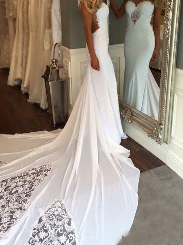 Cathedral Train Sexy Mermaid Sweetheart Applique Lace Sleeveless Wedding Dresses UK