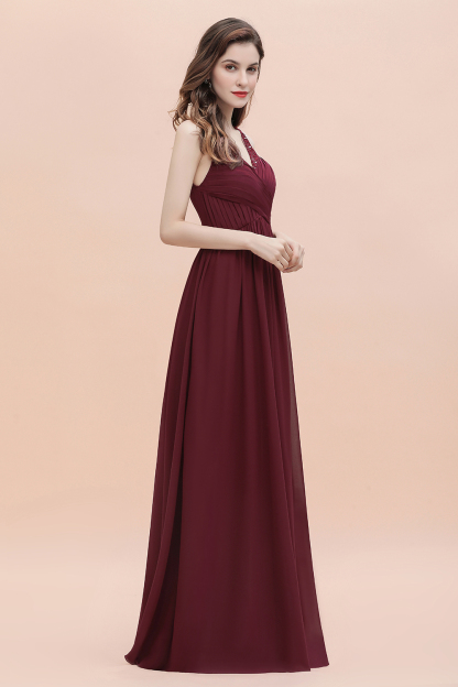 Modest V-Neck Aline Ruffle Chiffon Bridesmaid Dresses Lace Long Formal Dresses