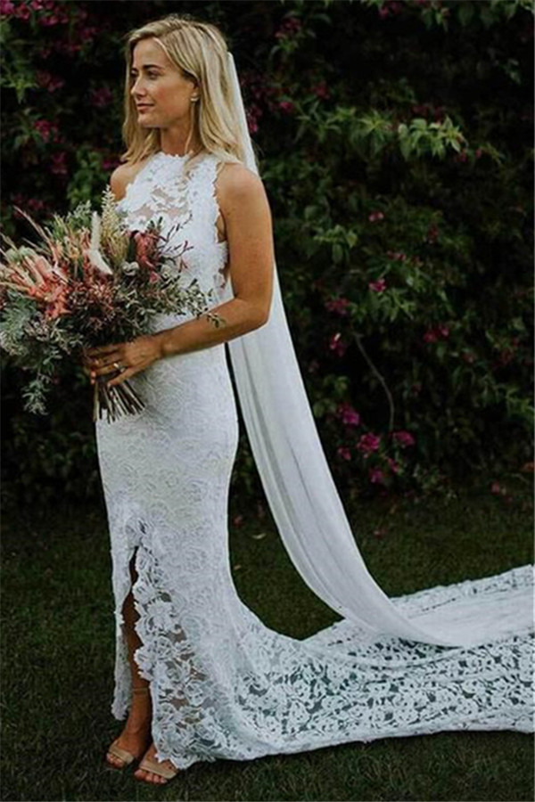 Appliques Halter Backless Sexy Mermaid Wedding Dresses UK | Ribbons Side slit Sleeveless Floral Bridal Gowns-27Dress.co.uk