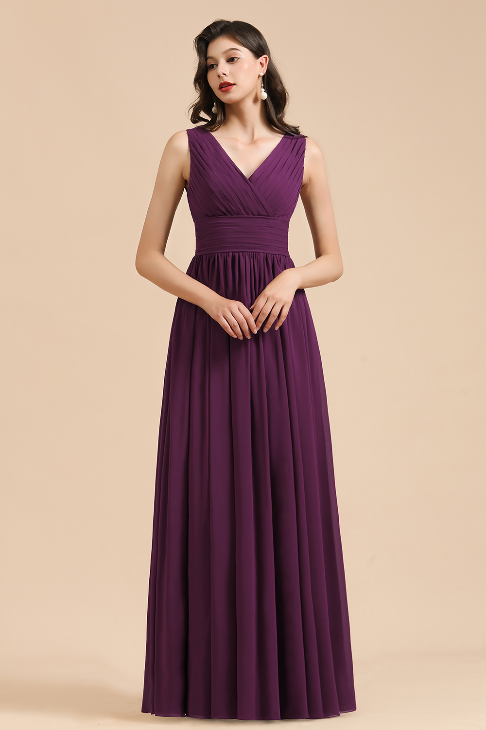 V-Neck Ruched Chiffon Bridesmaid Dress Sleeveless Long Evening Dress-27Dress.co.uk