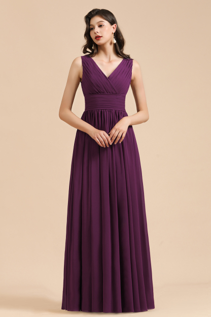 V-Neck Ruched Chiffon Bridesmaid Dress Sleeveless Long Evening Dress-27Dress.co.uk