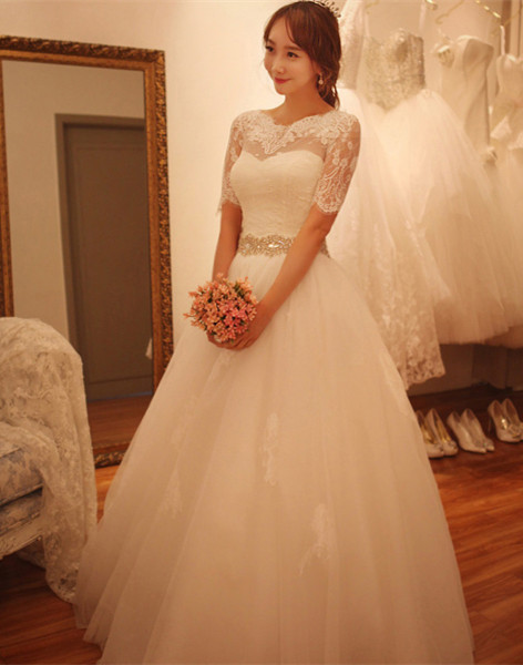 Elegant Half-Sleeve Tulle Lace Wedding Dresses UK A-Line With Crystal