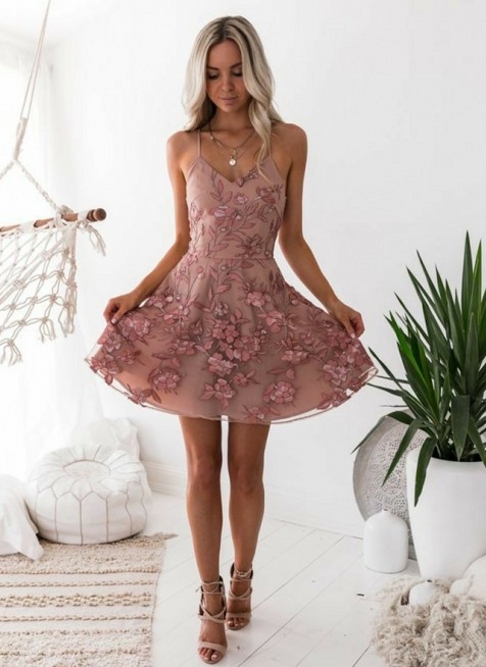 A-Line Pink Floral Homecoming Dress UKes UK | Spaghetti Straps Lace Appliques Cocktail Dress UKes UK