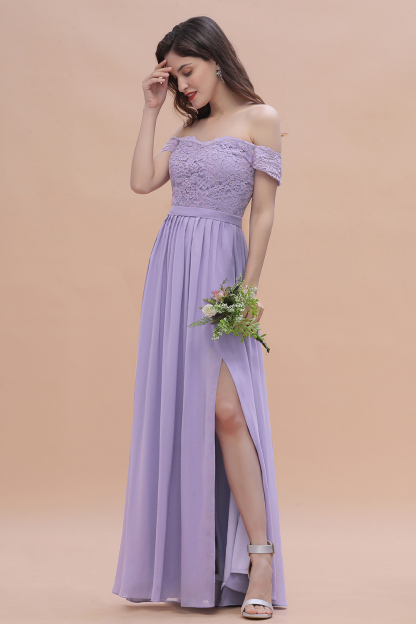 Off-the-Shoulder Lace Chiffon Long Bridesmaid Dresses with Side Slit